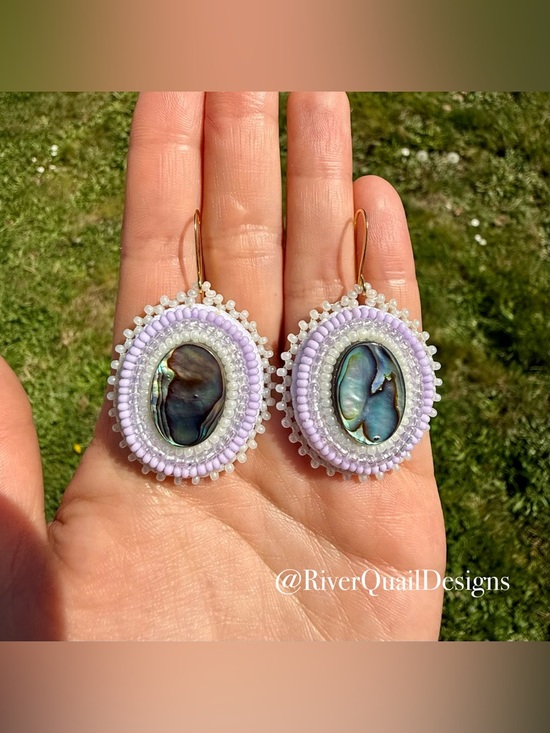 Handmade Jewelry - Lavender Beaded Abalone Drop Earrings Native Made Indigenous Art